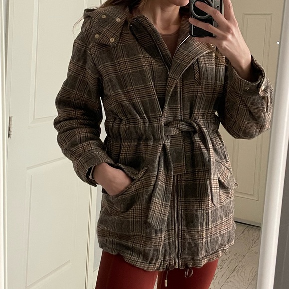 ba&sh Jackets & Blazers - ba&sh Cox Marron Lady Coat Hooded Size 2 Us 8 Plaid Belted Wool blend